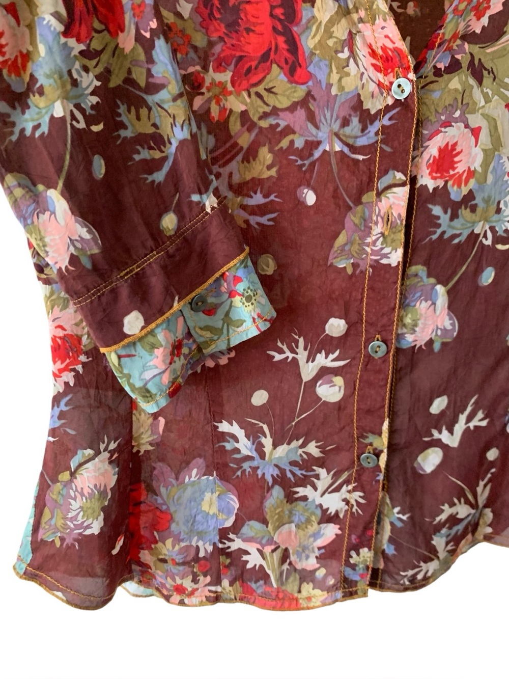 Johnny Was Floral Sheer Layered Button Front Blouse Boho Size S Like New - Picture 4 of 12